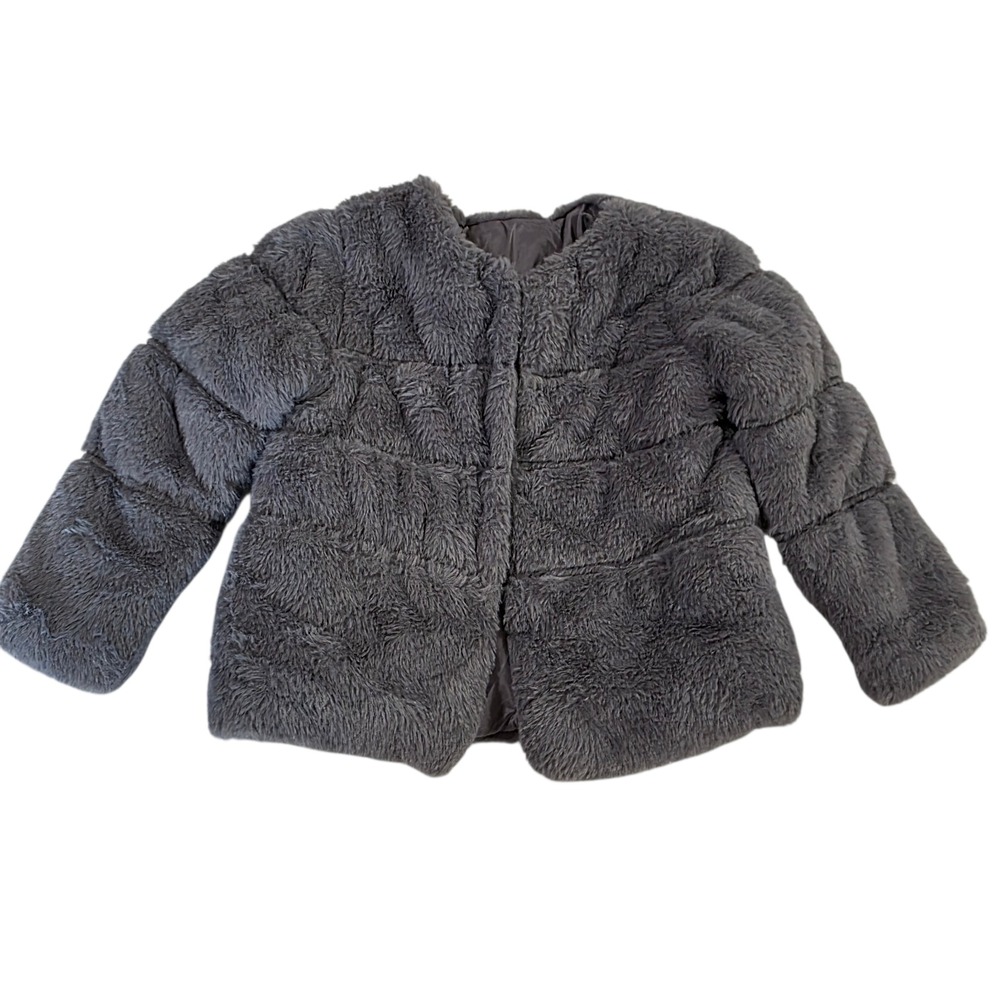 NWT PatPat Faux Fur Jacket Girls Gray 4-5Y‎ Button Loop Polyester Long Sleeve